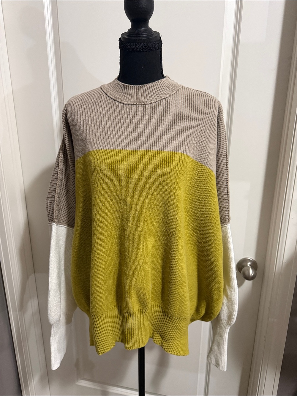 Free People Colorblock Crewneck Sweater in Olive, Taupe & Cream